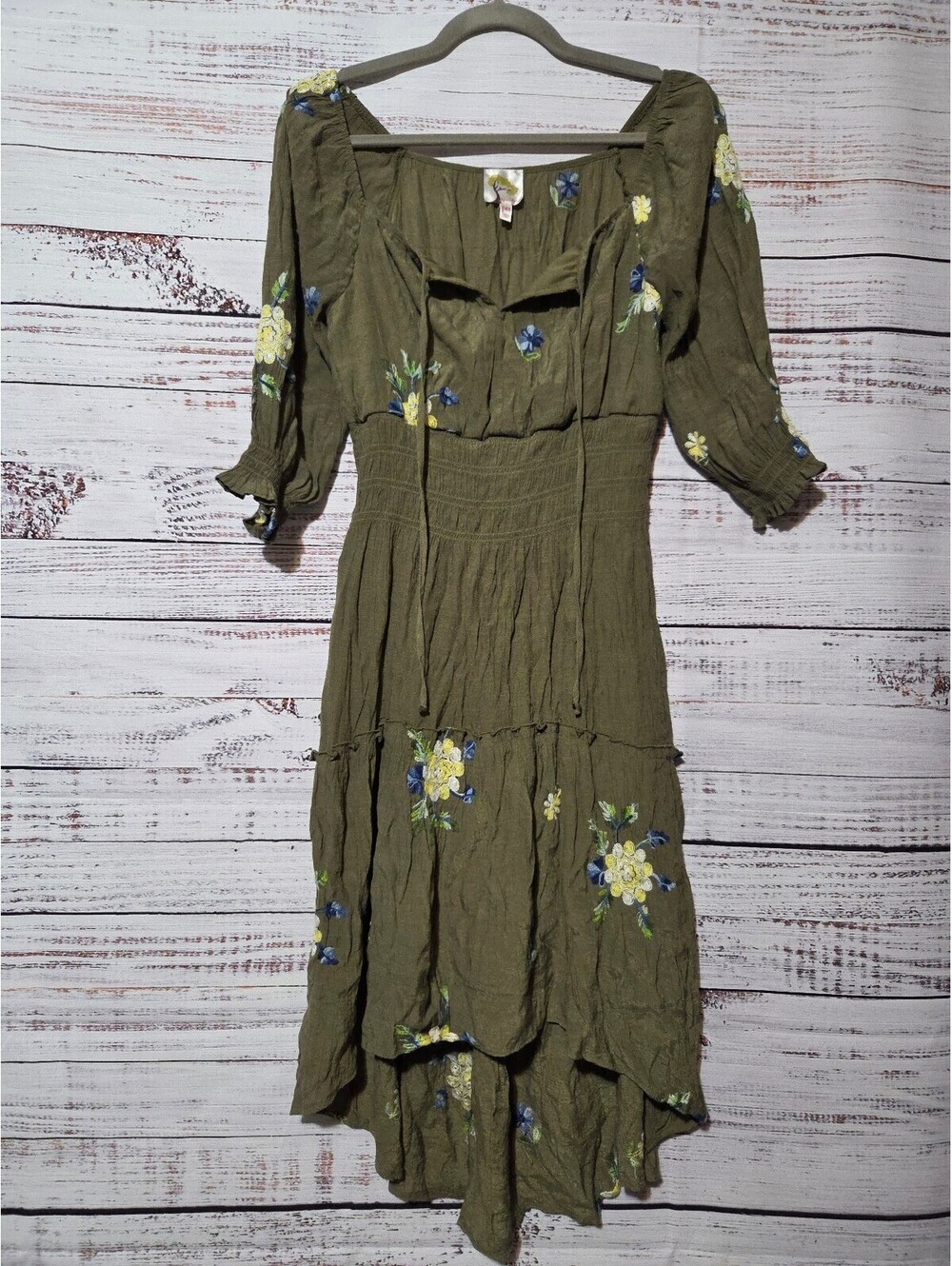 Fig and Flower Dress Size PM Olive Green Floral Embroidered Midi Fit & Flare